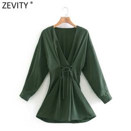 Zevity Women Sexy Deep V Neck Solid Waist Bandage Mini Dress Female Chic Long Sleeve Casual Slim Kimono Vestido DS8193 210603