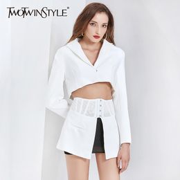 Patchwork Blazer For Women Notched Collar Long Sleeve Hollow Out Split Designer Coat Female Fashion Clothing 210524