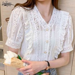 Summer V-neck Short Sleeve Blouse Women Fashion Ruffle Lace Crochet Tops Hollow White Casual Shirt Clothes Blusas 13990 210521