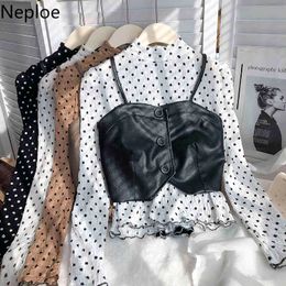 Neploe Two Piece Outfits Women Korean Fashion Suit Turtleneck Polka Dot Shirt PU Sling Vest Tops Ropa Mujer 2 Piece Set Women 210422