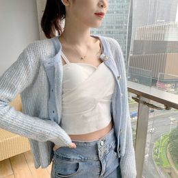 Cardigan Women Spring Slim Stretchy Crops Elegant Knitted Harajuku Button Long Sleeves Ladies Simple Ins Chic Leisure Solid Hot Y0825