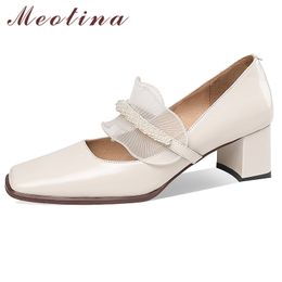 Meotina Cow Leather Square Toe Mary Janes Shoes Women Lace String Bead Party Pumps High Heel Fashion Footwear Block Heels Shoes 210520