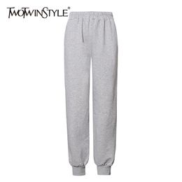 Sporty Pants For Women High Waist Elastic Grey Solid Minimalist Trousers Female Fashion Clothing 210521