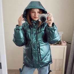 Winter women short parkas jackets casual female thicken warm hooded jackets coat windprood shiny big pocket jackets 210916