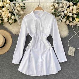 Desigan Shirt Dress Women Solid Long Sleeve Turn-down Collar Single Breasted Lace-up Bandage A-line Casual Female Robe 210603