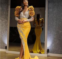 Evening dress women clothes Balqeesfathi Nawalelzoghbi Yellow Long sleeve High shoulder V-Neck Mermaid Silver Appliques Yousef aljasmi Myriam fares