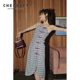 Plaid Vintage Dress Summer Cheongsam Frog Knee Legnth Ladies Spaghetti Strap For Women Split 210427