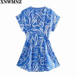 Women Vintage V Neck Graffiti Print Press Pleated Shirt Dress Female Short Sleeve Blue Vestido Chic A Line Dresses 210520