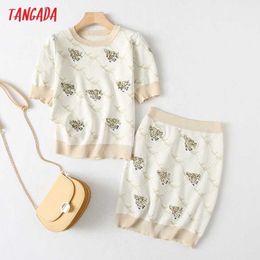 Tangada Women Tracksuit Sets Elegant Knit Set Suit 2 Pieces Sets Beading Sweater Jumer and Skirt Suits YU68 210609