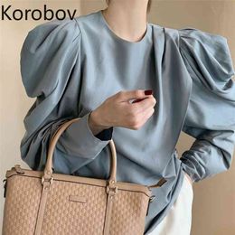 Korobov Autumn Winter New Arrival Blouses Vintage Female Shirts Korean Long Sleeve O Neck Puff Sleeve Chiffon Blusas Mujer 210430