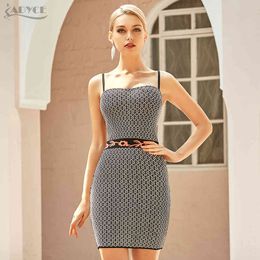 Summer Women's Club Spaghetti Strap Bandage Dress Sexy Sleeveless Mini Patchwork Celebrity Evening Party Dresses 210423