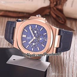 5740 Perpetual Calendar Automatic Moon Phase Mens Watch Rose Gold Blue Textured Dial Stick Markers Leather Strap Watches Puretime01 E01F6