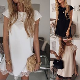 QNPQYX Summer Women dress Casual Short-sleeved Loose Sleeveless Office Lady Dresses Round Neck Solid Color Lace Dress With Hem
