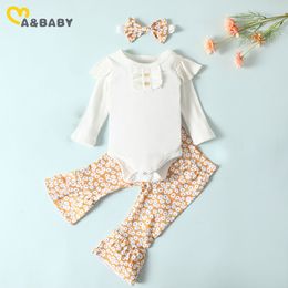 0-24M Spring Autumn Flower born Infant Baby Girl Clothes Set Knitted White Long Sleeve Romper Flare Pants Outfits 210515