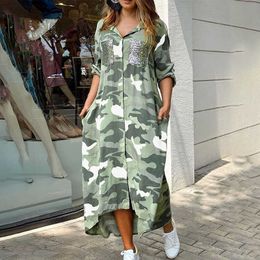 Camouflage Print Sequins Pocket Design Maxi DrWomen Asymmetrical Casual Personality Dresses Summer Half Sleeve Clothes X0529