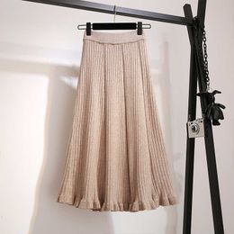 Korean Ruffle Skirt Women Fall Winter Black Grey Coffee Knit Mid Long Pleated Skirt Elastic Female Slim Mermaid Skirt 210608