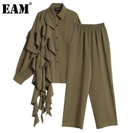 [EAM] Ruffles Wide Leg Pants Two Piece Suit Lapel Long Sleeve Black Loose Fit Women Fashion Spring Autumn 1DD2447 210930