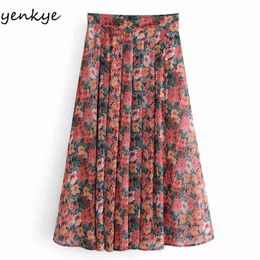 Holiday Summer Beach Boho Skirt Women Side Zipper High Waist Pleated Long Vintage Floral Print Chiffon Jupe Femme 210514