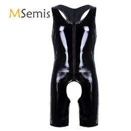 Men's Body Shapers Black Mens Lingerie Wetlook Patent Leather Sleeveless Front Zipper Crotchless Singlet Boxer Briefs Leotard285o