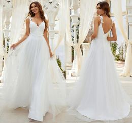 Bridal Gown 2022 A-line Lace Tulle Wedding Dress V-neck Straps Backless Simple vestidos de noiva robe de mariee