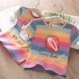 Summer 2 3 4 5 6 7 8 9 10 Years Children Cotton Cartoon Short Sleeve Colourful Stripe Basic T-Shirt For Baby Kids Girls 210625