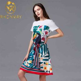 Fashion Elegant Summer Dress Runway Women Patchwork Bow Sashes Print Crystal Ladies Loose Waist Knee Length Dresses 210506