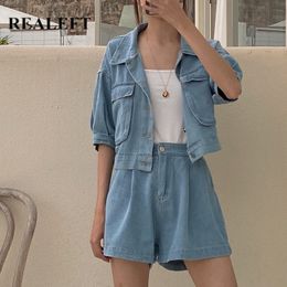 Plus Size Denim Woman Sets Two Piece Outfits Matching Pants Single Breasted Jeans Jacket and Shorts Suits 210428