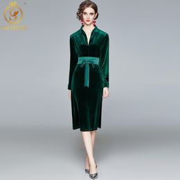 Autumn Woman Velvet Dark Green Dresses Long Sleeve Sexy V-Neck Vestido De Mujer Clothing Female With Belt 210520