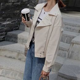 Solid Colour Jackets Ladies Loose Casual Spring Women Pu Leather Motorcycle Female With Belt 211014