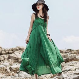 Johnature Vintage Maxi Dress Loose Solid Sleeveless Ankle-length Summer Spaghetti Strap Natural O-neck Women Dress 210521