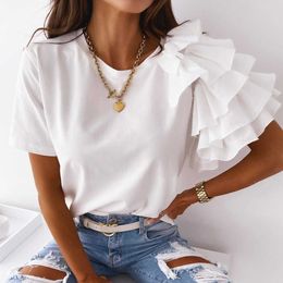 Solid Women Tshirt Fashion Ruffles Short Sleeve Round Neck Tunic Casual Summer Tops X0628