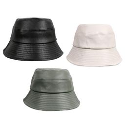 Unisex Imitation Leather Bucket Hat Solid Color Sunscreen Foldable Fisherman Cap F3MD Wide Brim Hats