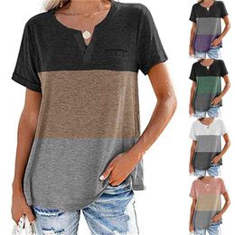 Patchwork T-shirts Summer V-neck Short Sleeve Baggy Tops for Women Casual Pocket 90s Tshirt Streetwear Clothes Plus Size 3XL 210604