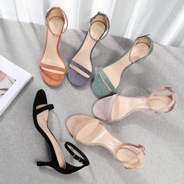 Summer Sandals Women Solid High Heels Shoes Woman Flock Ankle Strap Thin Heels Elegant Casual Party Wedding Shoes Pumps 210520