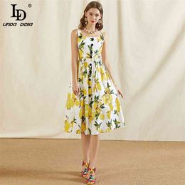 Fashion Runway Summer Dress Women's Spaghetti Strap Button Yellow Lemon Print Vacation Party Elegant 210522
