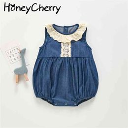 Summer baby bodysuit denim vest lace jumpsuit thin cute climbing clothes girl 210702