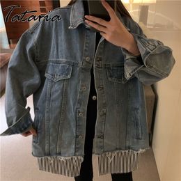 Jean Jacket Women Fake 2pcs Clothes Patchwork Denim Coat Spring Vintage Loose Casual Jeans Spliced Striped Korean Coats 210514