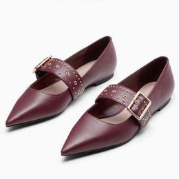 Dress Shoes Leather Belt Strap Shoes Ladies Pointed Toe Ballerina Women Shallow Slip On Ballets OL Office Dress Work Loafers Women Flats 220315