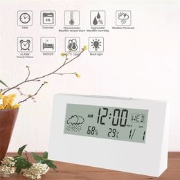 Electric LCD Desk Alarm clock White with Calendar and Digital Temperature Humidity Modern home Office Watch Battery Operated 210804