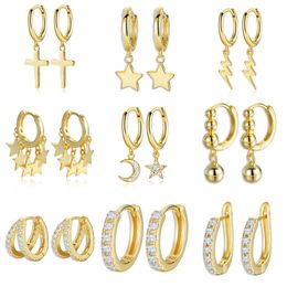 925 Sterling Silver Gold Color cross Moon Star CZ Zircon Small Circle Huggie Hoop Earrings For Women Fine jewelry