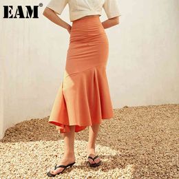 [EAM] High Waist Orange Ruffles Irregular Temperament Half-body Skirt Women Fashion Spring Autumn 1DD8064 210512