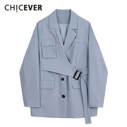 CHICEVER Patchwork Blazer For Women Notched Long Sleeve Sashes Pockets Large Size Casual Coats Female Autumn Clothing 211122