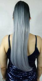 Custom two tone mixed Silver grey human hair Ponytail hairpiece Clip in Sliky Straight gray hairs Ponytails Extensions drawstring ponytail