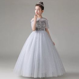 2021 Flower Girl's Dress Silver Gray Ball Gown Ruffles Sleeves Floor Length