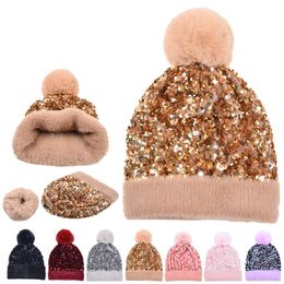 Winter Sequin Plush Caps Thickened Warmth Detachable Hair Ball Knitted Hat for Women