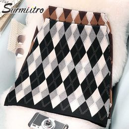 SURMIITRO Autumn Winter Knitted Mini Skirt Women Korean Style Black Plaid High Waist A Line Pencil Skirt Female 210712