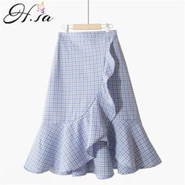 Korea summer Chiffon Plaid skirt women Knee Length casual loose Ruffles Irregular Jupes Faldas skirts Streetwear Girl 210430