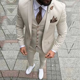 Latest Coat Designs Beige Slim Fit Groomsman Blazers For Mens Wedding Suits Custom Made 3 Pieces Formal Jacket+Vest+Pants Tuxedo X0608