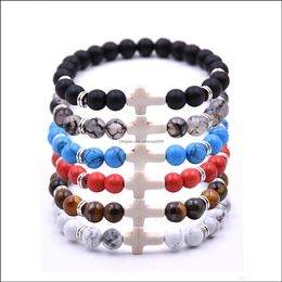 Beaded, Jewelryjewelry Cross Beaded Strands Bracelets Natural Stone 8Mm Black Lava Onyx Tiger Eye Healing Elastic Ropepseira Men & Women Bra