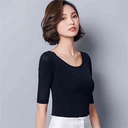 Solid Half Sleeve Tshirt Spring Summer Office Lady Women Mesh Vintage Streetwear T Shirts Tops Camiseta Mujer T93413 210421